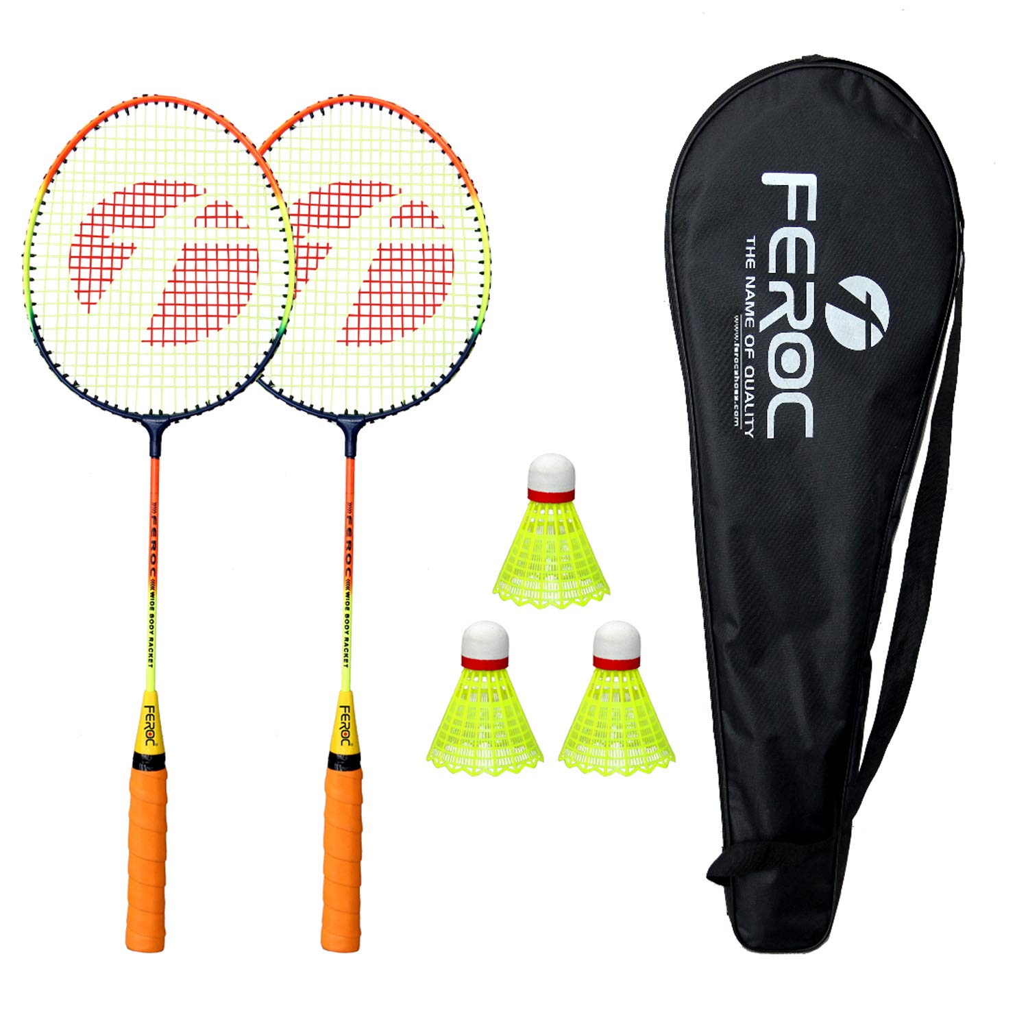 Feroc Badminton Racket Set of 2 with 3 Pieces Nylon shuttles with Full ...