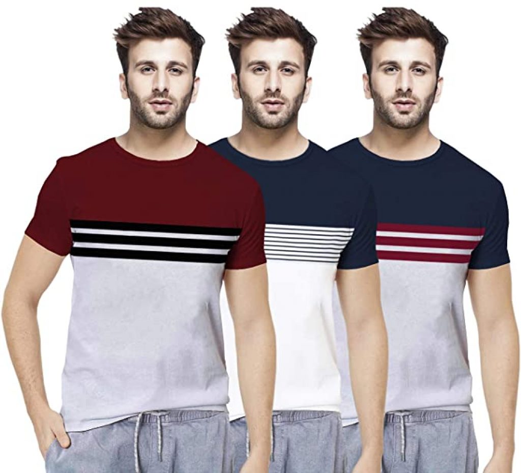 Men's Striped Regular Fit Round Neck Cotton (Combo Pack of 3) T-Shirt ...
